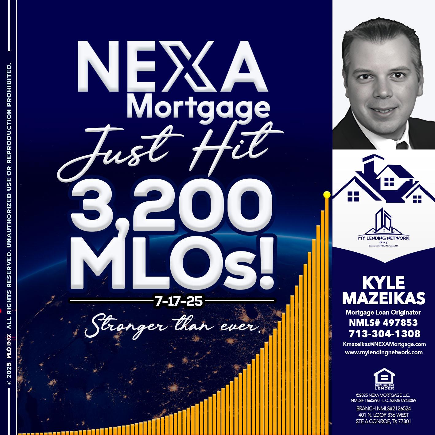JUST HIT 3,200 MLOs - Kyle Mazeikas -Branch Manager / Mortgage Advisor